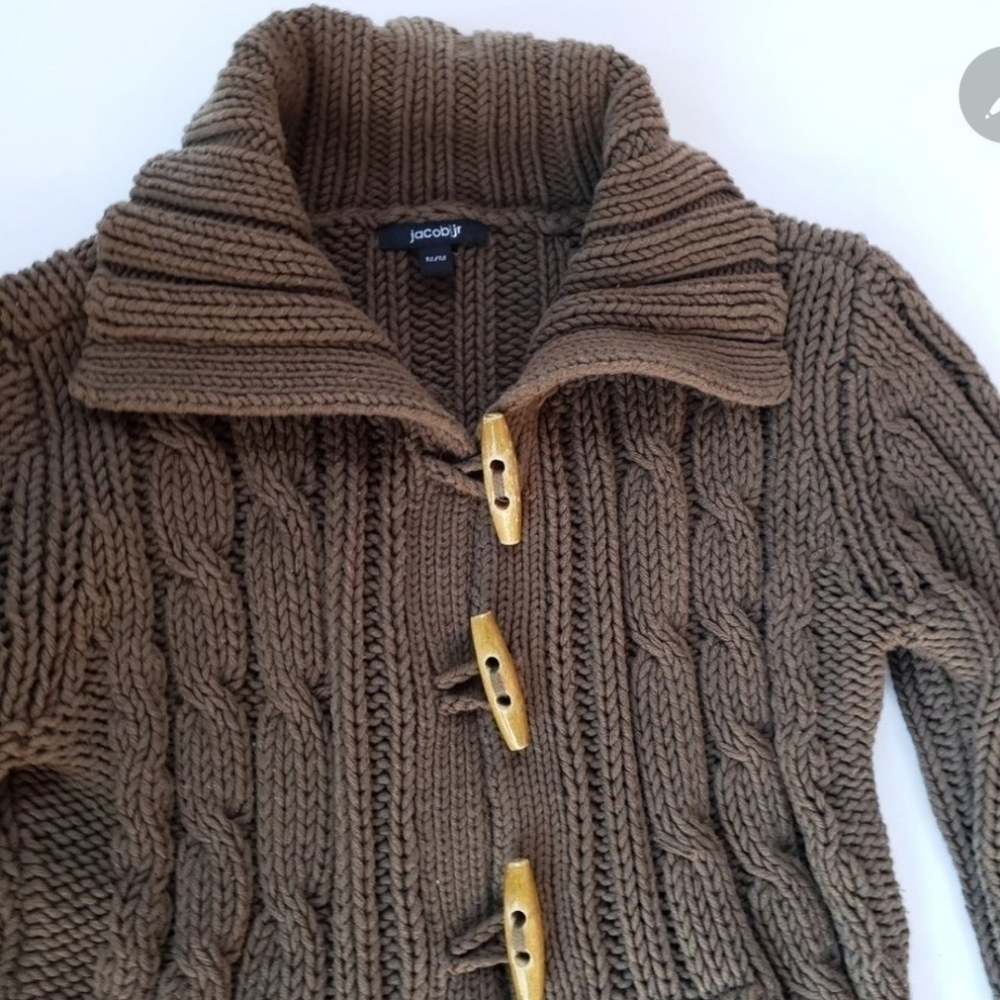 Cottagecore Earth Tone Brown Chunky Cable Knit Cardigan Wooden Toggles Youth Med